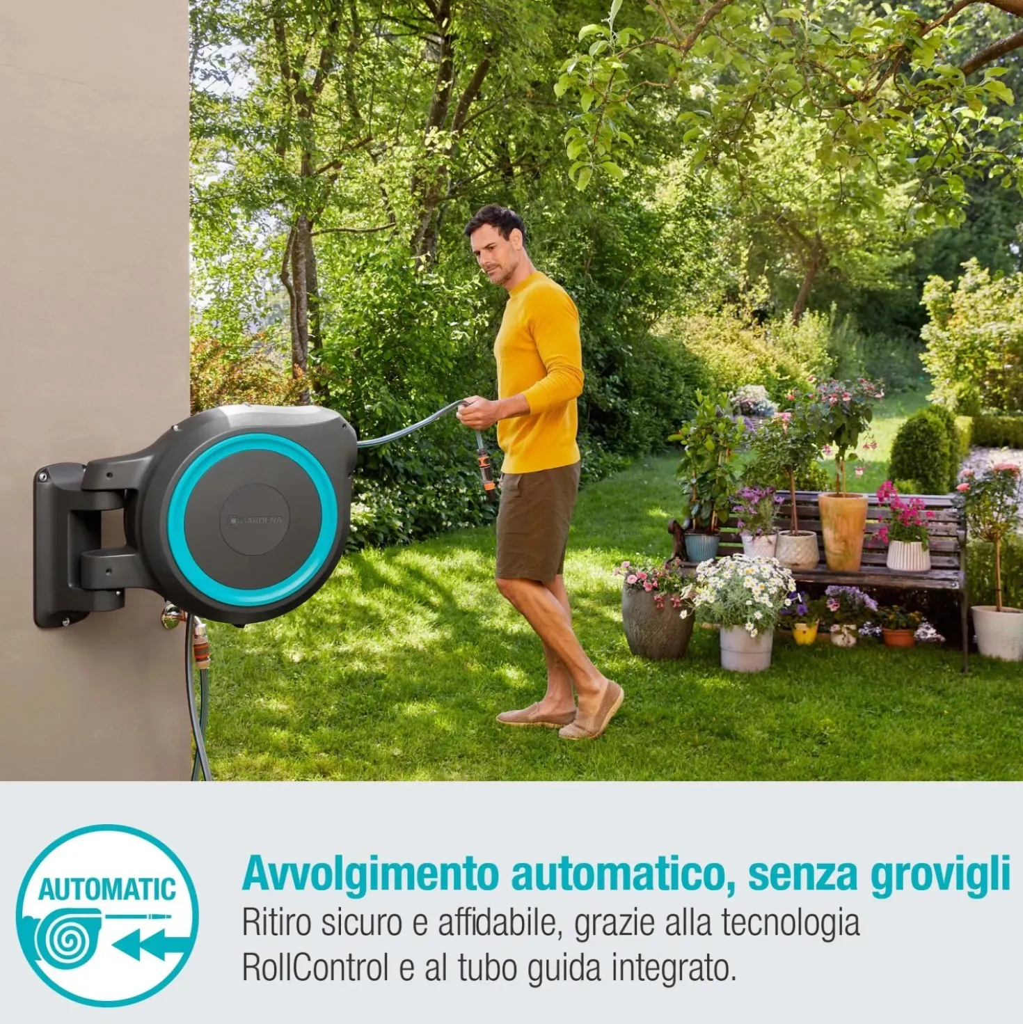 Avvolgitubo da parete automatico Rollup M/L Gardena tubo da 25 m Ø 13 mm
