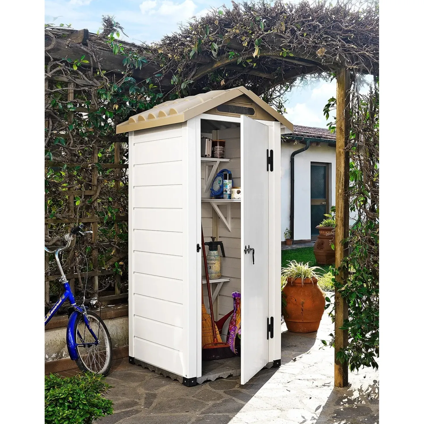 Casetta da giardino in PVC Garofalo Tuscany 80 sp. 20 mm bianco crema 0,93 m²