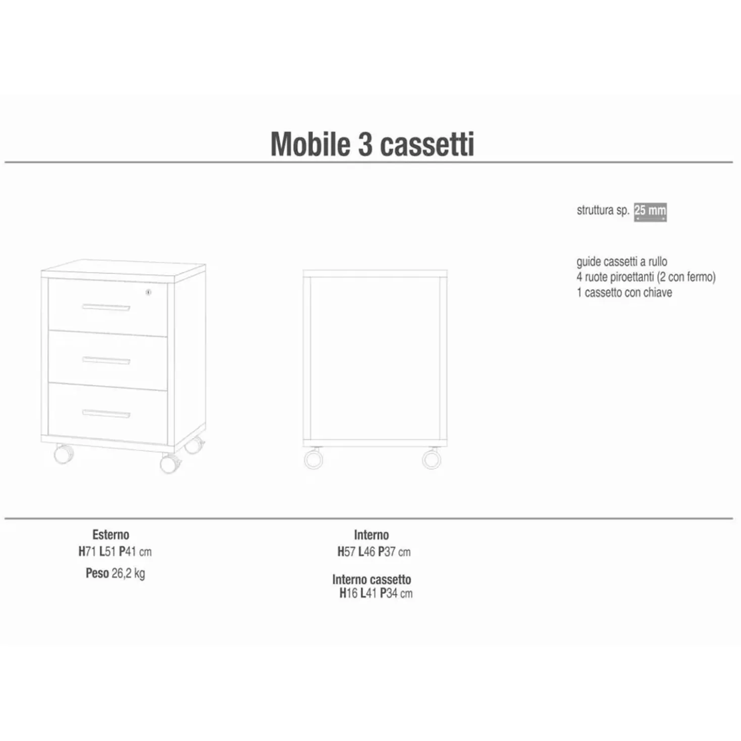 Cassettiera ufficio 3 cassetti 41x51x71 cm noce stelvio/ossido nero