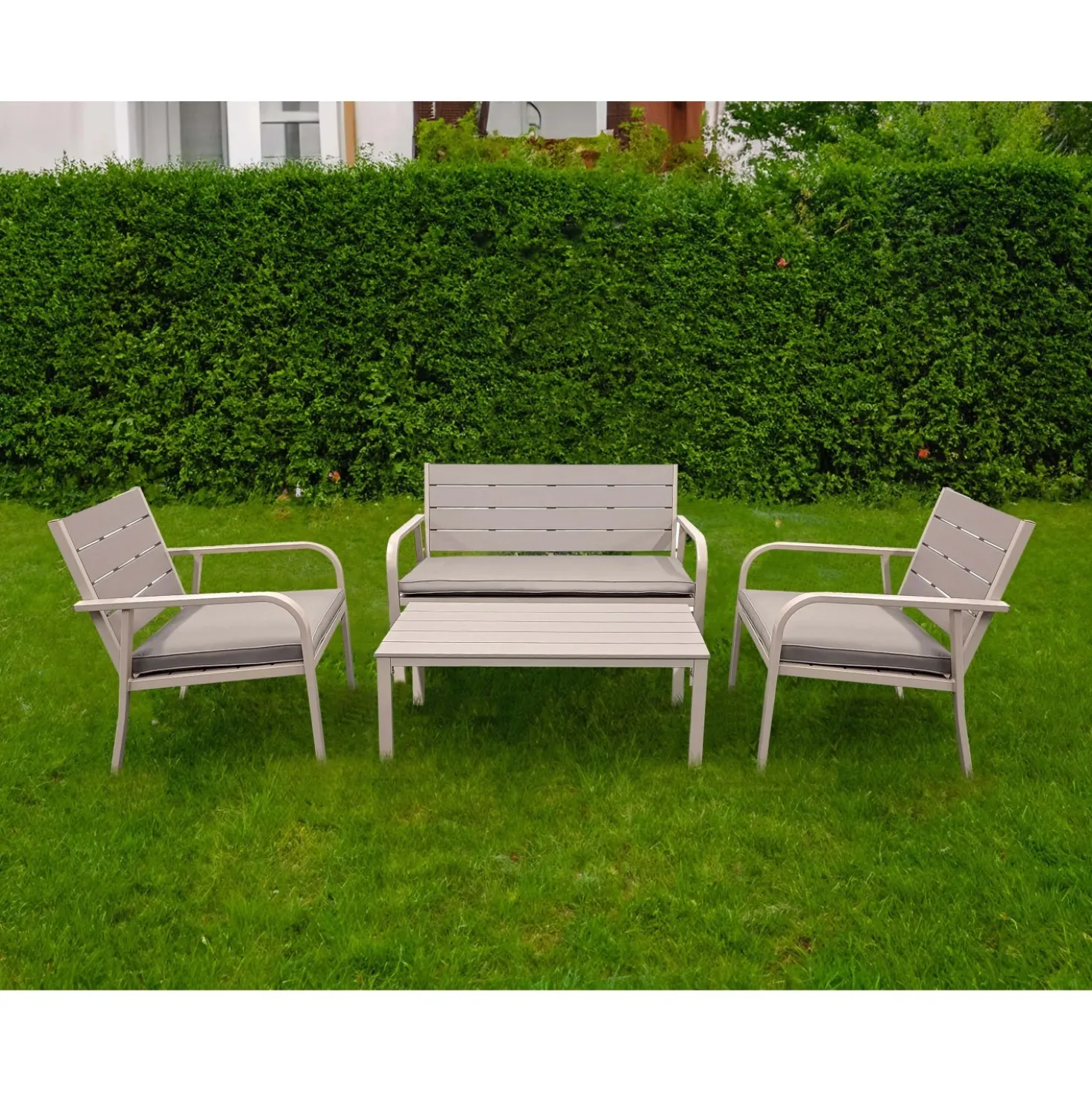 Salotto da giardino in plastica stampata in acciaio 4 pz tortora