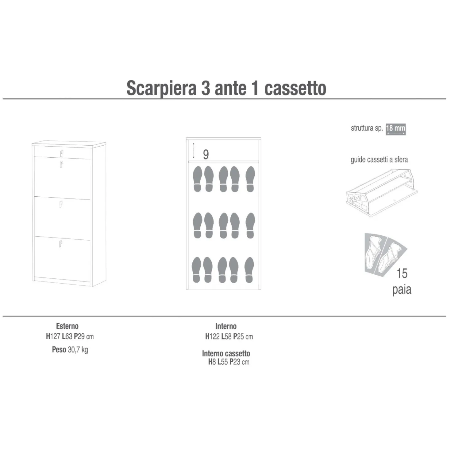 Scarpiera in kit Sarmog 3 ante 1 cassetto 127x63x29 cm 15 paia cemento