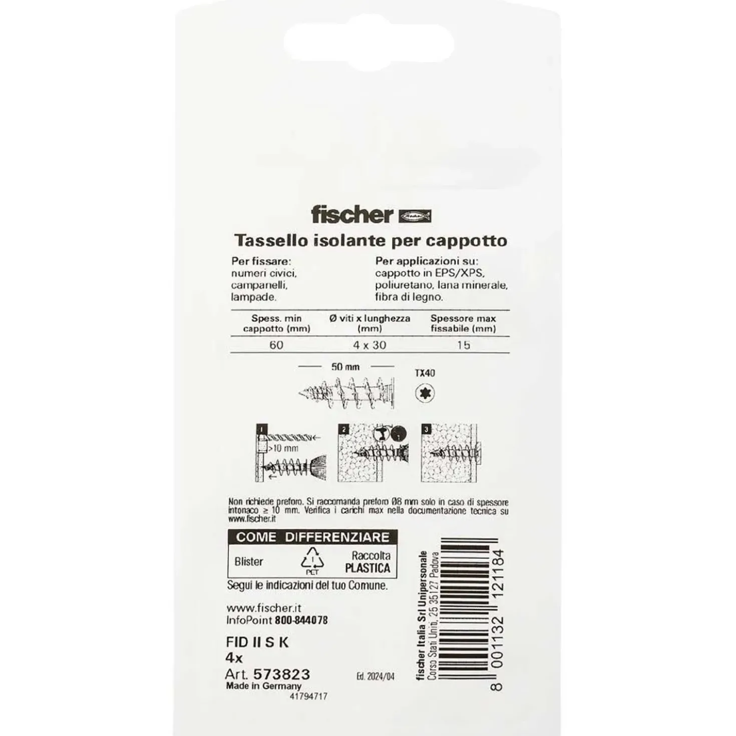 Tassello per materiale isolante fischer FID II con vite 4 pz