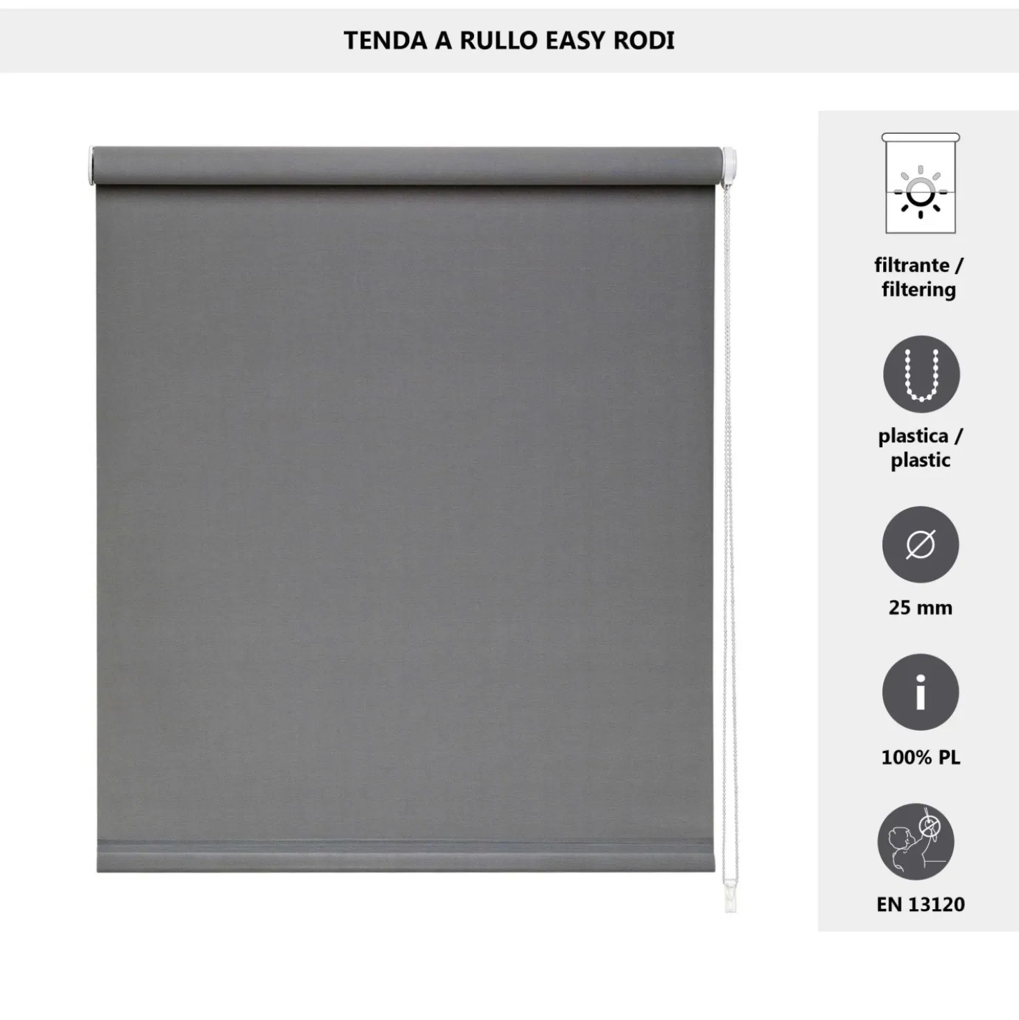 Tenda a rullo semifiltrante Rodi L 45 x H 252 cm grigio scuro